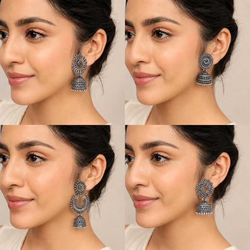 Oxidised Silver Plated Earrings Combo Set With Box for Women & Girls