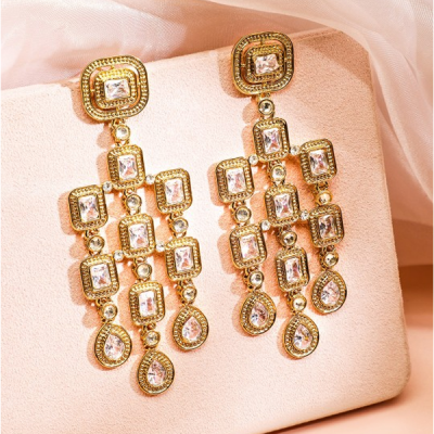 Gold Plated Zirconia Studded Antique Light Gold-Tone Premium Chandelier Earring